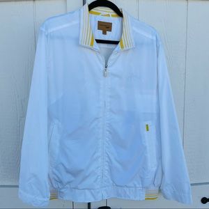 Crocodile crisp white zip up yellow striped collar retro inspired windbreaker
